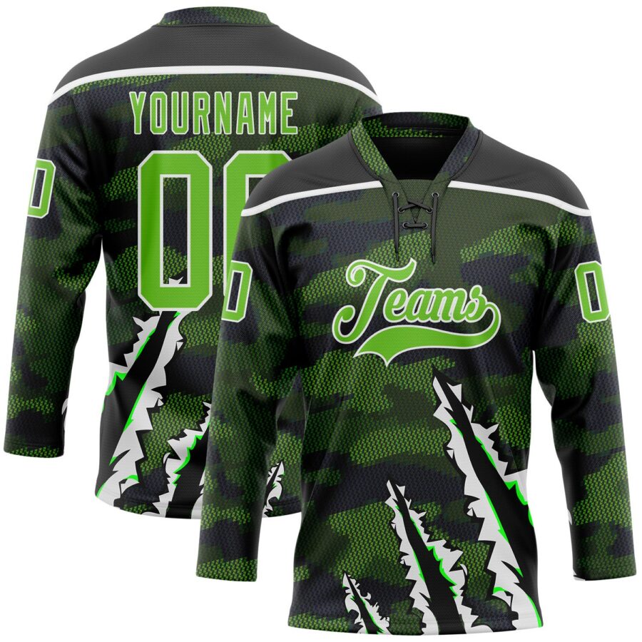Custom Camo Aurora Green Black-White 3D Camouflage Claw Mark Hockey Lace Neck Jersey