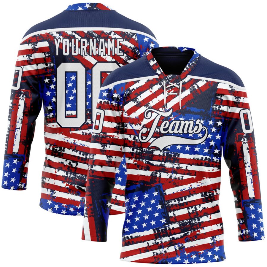 Custom Navy White Red-Royal American Flag Grunge Hockey Lace Neck Jersey