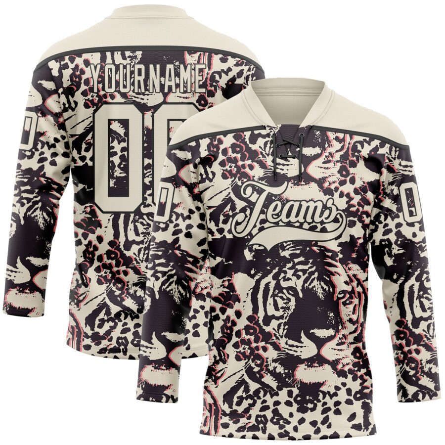 Custom Cream Black-Pink 3D Pattern Tiger Print Hockey Lace Neck Jersey
