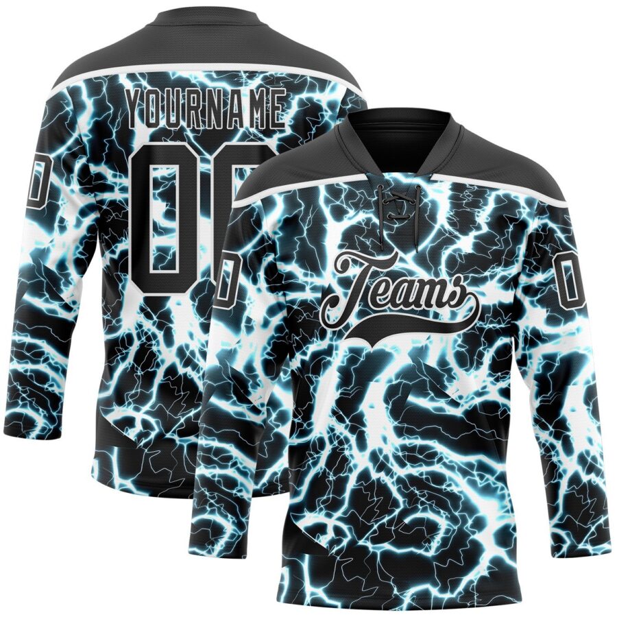 Custom Black Blue-White 3D Pattern Lightning Hockey Lace Neck Jersey