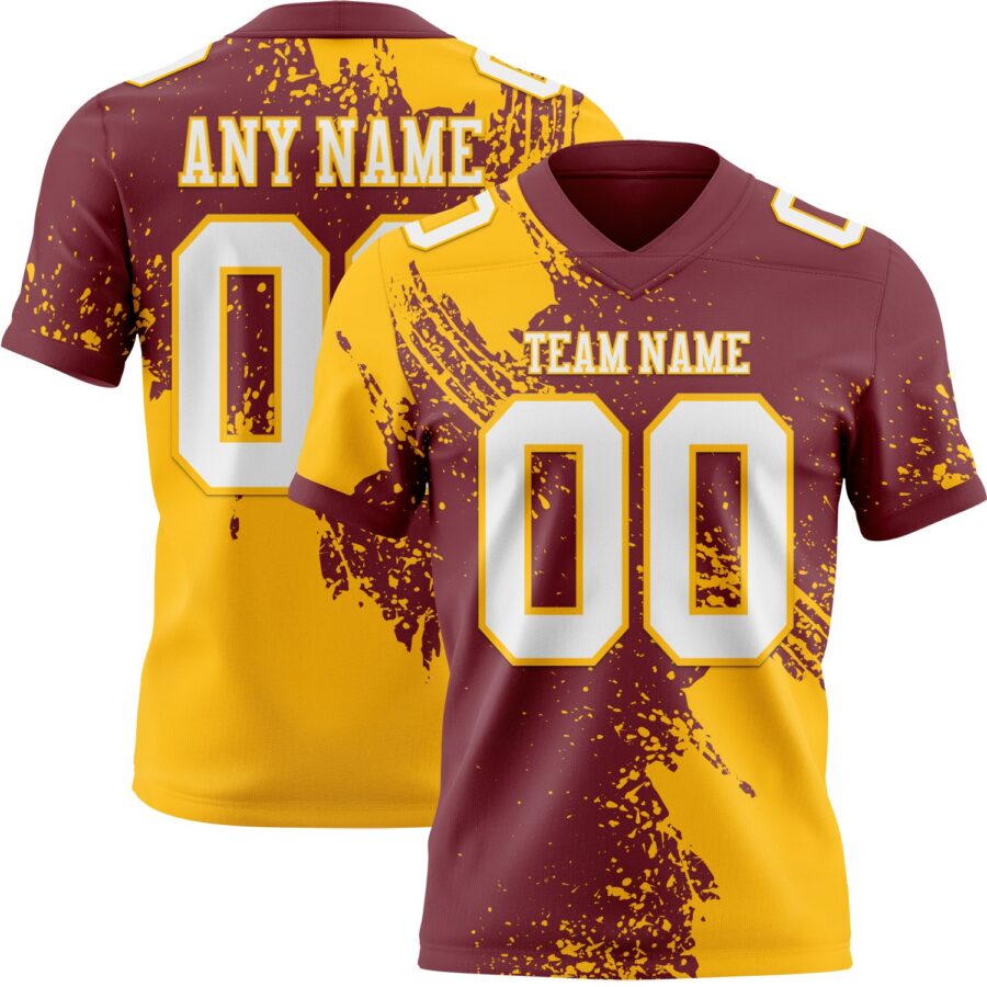 Custom Burgundy White-Gold 3D Pattern Abstract Brush Stroke Authentic Football Jersey