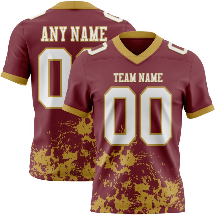 Custom Burgundy White-Old Gold 3D Pattern Splash Authentic Football Jersey