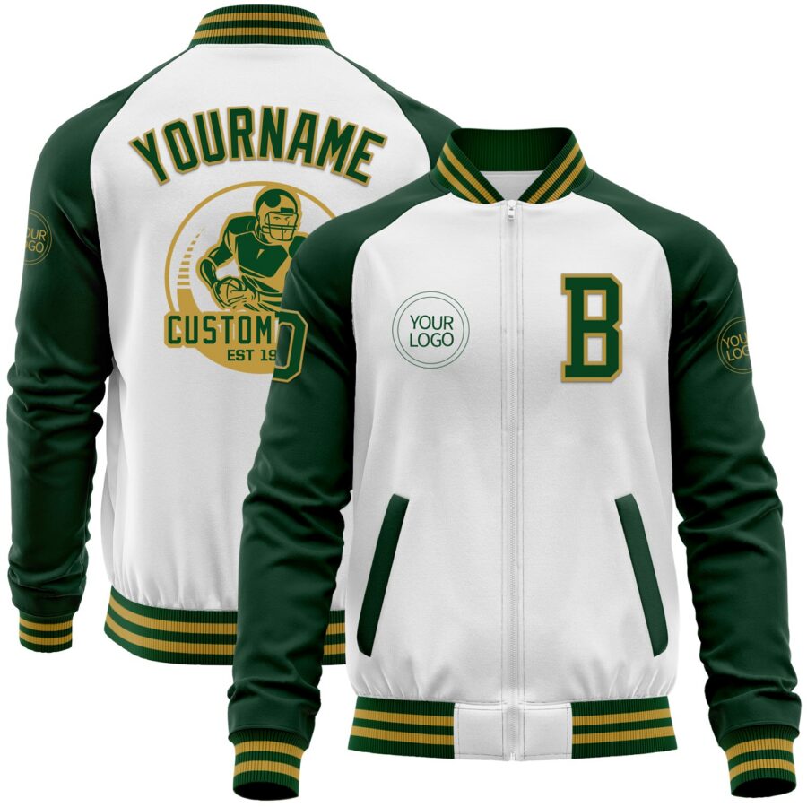 Custom White Green-Old Gold Bomber Varsity Letterman Two Tone Zipper Jacket