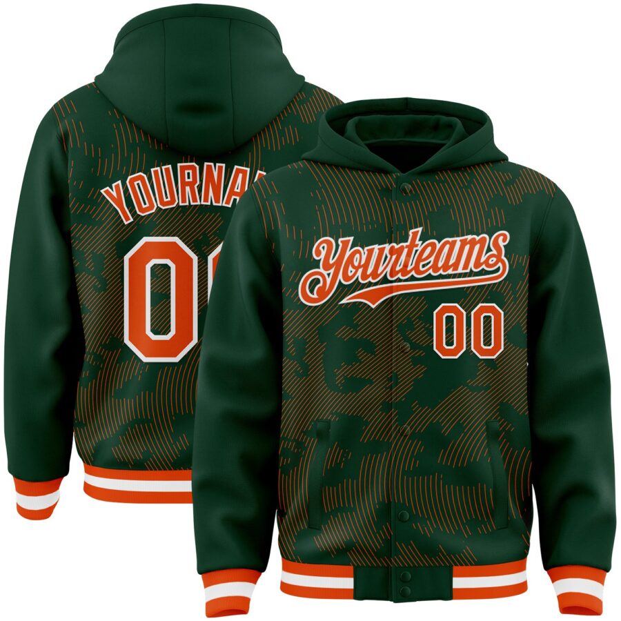 Custom Green Orange-White Curve Lines 3D Pattern Design Bomber Full-Snap Varsity Letterman Hoodie Jacket