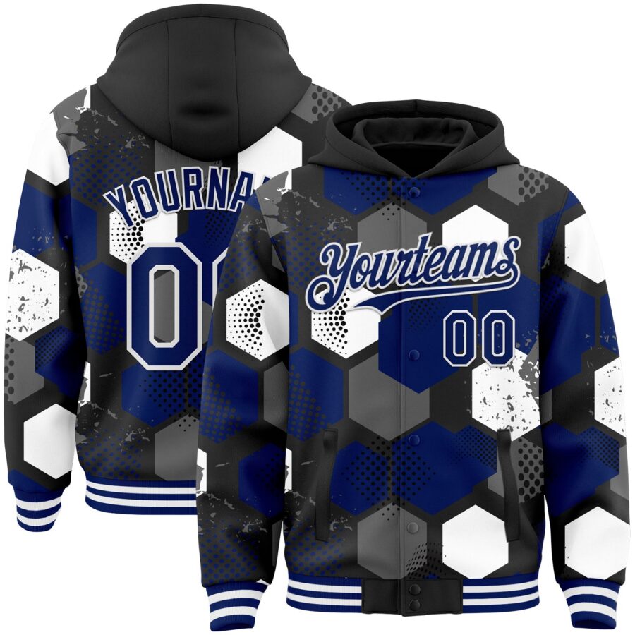 Custom Black Royal-White Geometric Shape 3D Pattern Design Bomber Full-Snap Varsity Letterman Hoodie Jacket