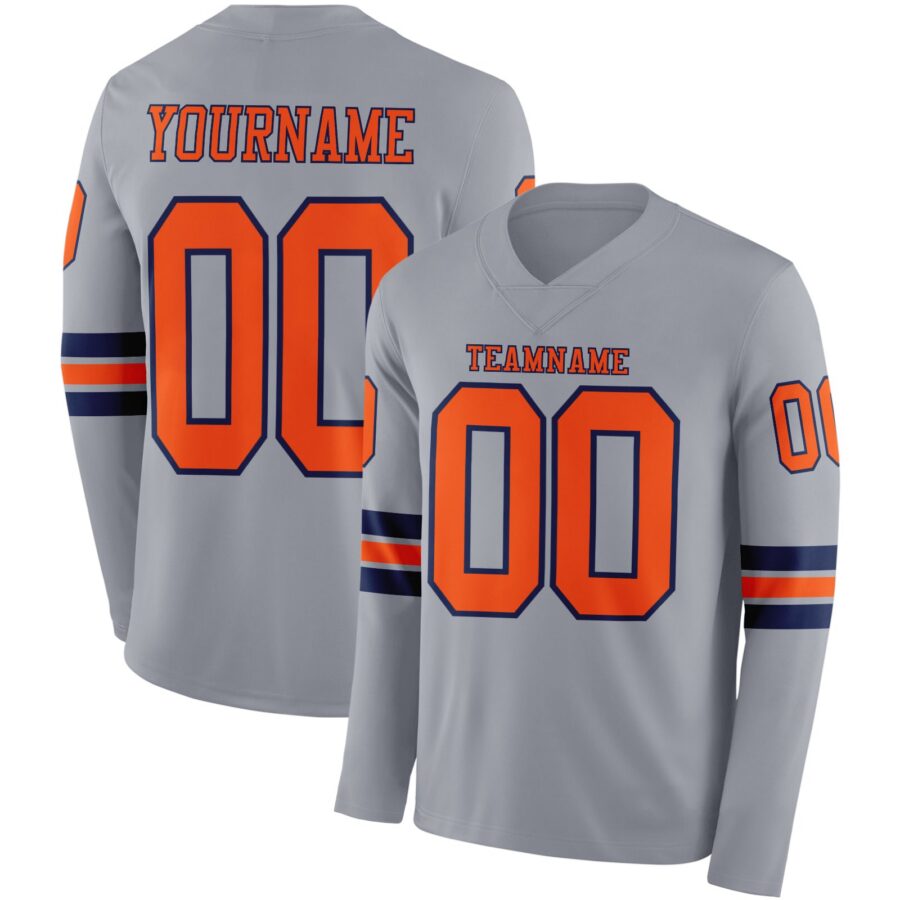 Custom Gray Orange-Navy Long Sleeve Authentic Football Jersey