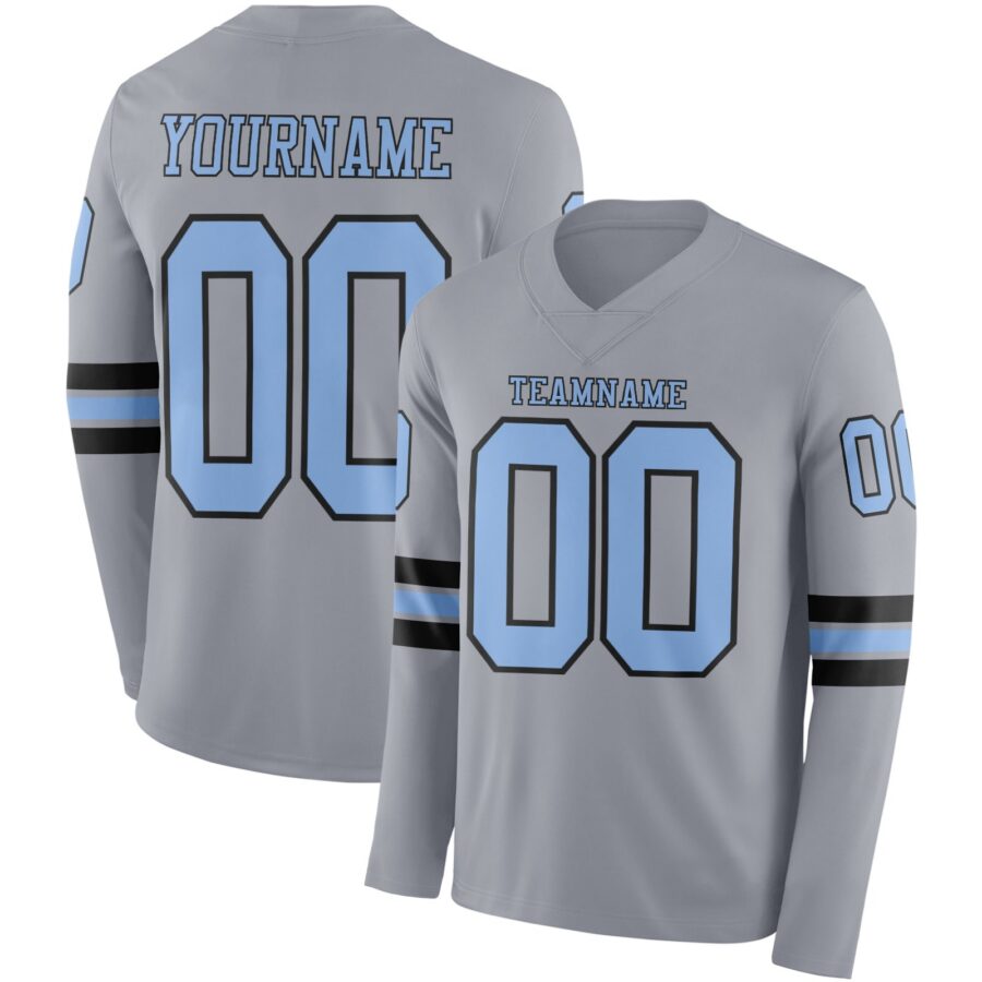 Custom Gray Light Blue-Black Long Sleeve Authentic Football Jersey