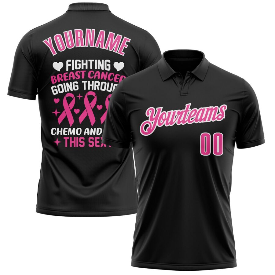 Custom Black Pink-White 3D Pink Ribbon Breast Cancer Awareness Performance Polo Shirt